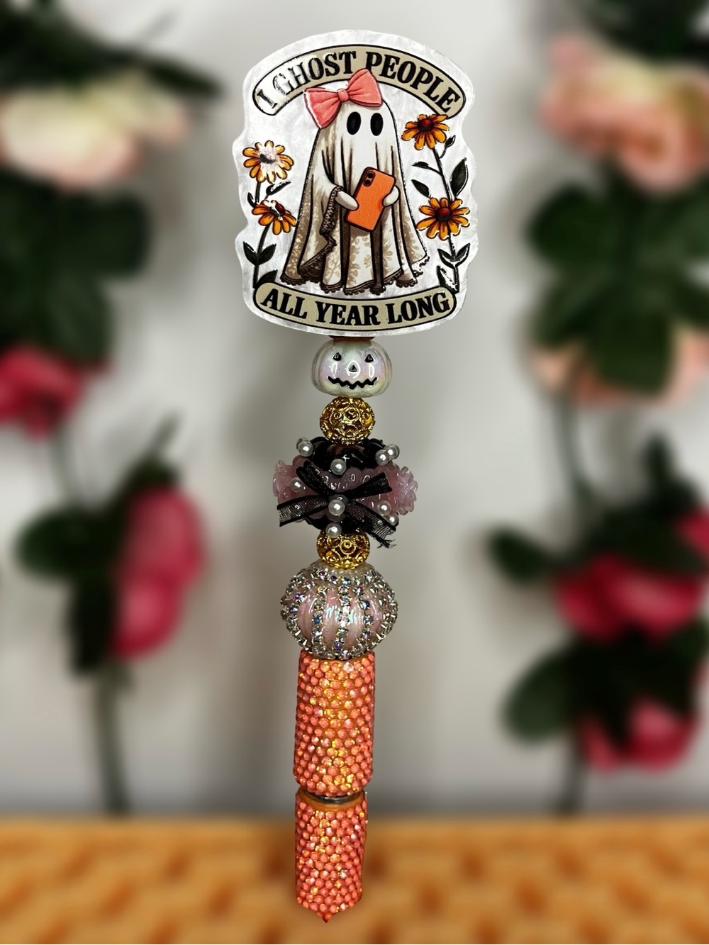 Halloween I Ghost People All Year Long Handmade Beaded Orange Rhinestone Pen